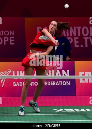 KIEV, UKRAINE - 1 MAI: Line Christophersen du Danemark participe à son match de célibataires Womens contre Kirsty Gilmour d'Écosse au cours du jour 5 des 2021 championnats européens de badminton au Palais des Sports le 1er mai 2021 à Kiev, Ukraine. (Photo par Okcsana Vasasilieva/Orange Pictures) Banque D'Images