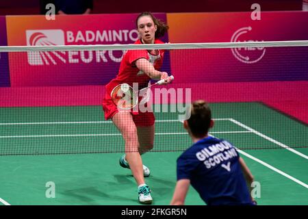 KIEV, UKRAINE - 1 MAI: Line Christophersen du Danemark participe à son match de célibataires Womens contre Kirsty Gilmour d'Écosse au cours du jour 5 des 2021 championnats européens de badminton au Palais des Sports le 1er mai 2021 à Kiev, Ukraine. (Photo par Okcsana Vasasilieva/Orange Pictures) Banque D'Images