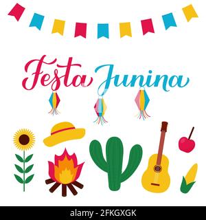 Festa Junina calligraphie lettrage avec drapeaux, lanternes en papier cactus et guitare. Vacances brésiliennes de juin Festa de Sao Joao. Modèle vectoriel pour typogra Illustration de Vecteur