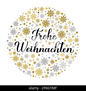 Frohe Weihnachten calligraphie lettrage à la main avec des flocons de neige d'or et d'argent, des étoiles et des points. Affiche typographique Joyeux Noël en allemand. Temp. Vecteur Illustration de Vecteur