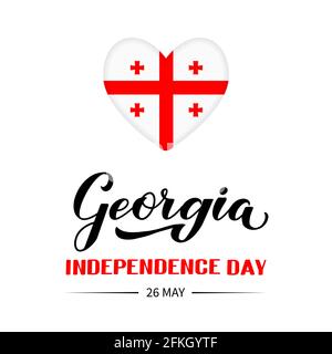 Géorgie jour de l'indépendance calligraphie lettrage à la main avec drapeau national géorgien isolé sur fond blanc. Modèle vectoriel pour affiche typographique, g Illustration de Vecteur