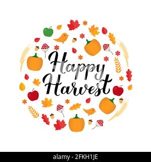 Lettres de calligraphie Happy Harvest avec feuilles d'automne, citrouilles et oreilles de blé. Modèle vectoriel pour bannière, affiche typographique, prospectus, carte postale, autocollant Illustration de Vecteur