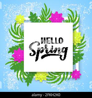 Hello Spring calligraphie lettering avec verdure et fleurs. Affiche typographique de citation saisonnière inspirante. Modèle vectoriel facile à modifier pour la bannière, Illustration de Vecteur