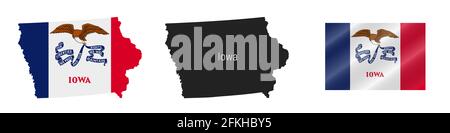 Carte de l'État de l'Iowa des États-Unis avec drapeau masqué. Silhouette détaillée. Drapeau d'ondulation. Illustration isolée sur blanc. Banque D'Images