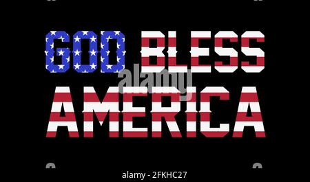 Dieu bénisse l'Amérique lettrage avec le drapeau américain. Illustration plate isolée sur fond noir. Banque D'Images
