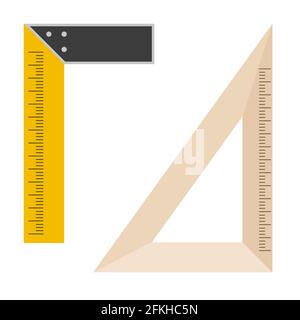 Outil de mesure carré en métal et en bois. Règle d'angle en L et d'angle d'école. Définissez l'outil carré ou triangle. Illustration de style plat isolée sur fond blanc Banque D'Images