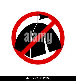 Pas de camping. Panneau de camp d'interdiction. Affiche ronde de tente interdite. Illustration isolée sur blanc. Banque D'Images