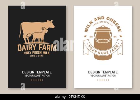 Ferme laitière. Logo et badge lait frais uniquement. Vector Flyer, brochure, bannière, poster design avec vache, chèvre, laitette silhouette. Modèle pour produits laitiers et Illustration de Vecteur