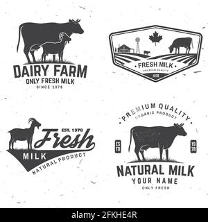 Ferme laitière. Logo et badge lait frais uniquement. Vecteur. Conception typographique avec la vache , silhouette de chèvre. Modèle pour les activités de laiterie et de laiterie - magasin Illustration de Vecteur