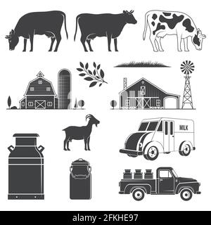 Placez l'icône de l'équipement de laiterie et de laiterie. L'ensemble d'illustrations vectorielles comprend la vache, la chèvre, la ferme, la laitette, l'échelle de silhouette de ramassage isolée sur le blanc Illustration de Vecteur