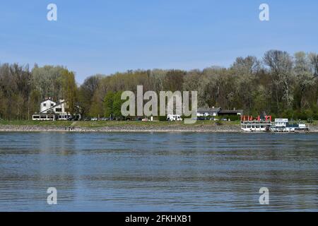 Orth an der Donau, Autriche - 24 avril 2021 : personnes non identifiées et amarrage pour le ferry pour passagers avec un petit kiosque et restaurant nommé Uferhaus, a p Banque D'Images