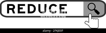 Rechercher la bannière dans le mot réduire avec la main sur l'icône de loupe sur fond blanc Illustration de Vecteur
