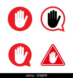 Jeu d'icône d'arrêt avec main d'alerte, symbole de covid d'avertissement, non - danger isolé sur fond blanc illustration vectorielle . Illustration de Vecteur