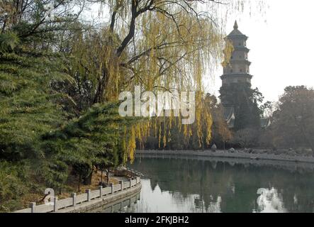 Temple Jinci près de Taiyuan, Shanxi , Chine. Vue sur la pagode du temple de Jinci en regardant de l'autre côté d'un lac avec un reflet de la pagode et du saule. Banque D'Images