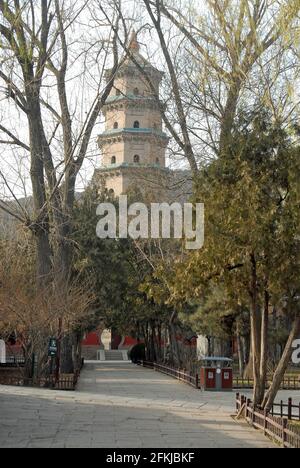 Temple Jinci près de Taiyuan, Shanxi, Chine. Vue sur la pagode du temple de Jinci depuis le jardin du temple avec des arbres et des chemins au premier plan. Banque D'Images
