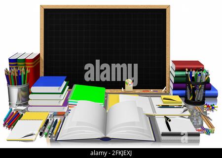 3D illustration. Tableau central pour saisir du texte avec l'écriture des matériaux utilisés dans les écoles, les universités, les bureau. Banque D'Images