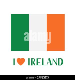 Drapeau de l'Irlande et lettrage J'aime l'Irlande avec coeur isolé de blanc. Modèle vectoriel facile à modifier pour bannière, poster typographique, logo, po Illustration de Vecteur