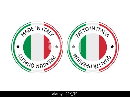 Fabriqué en Italie, les étiquettes rondes sont en anglais et en italien. Icône de vecteur de repère de qualité. Idéal pour le logo, les étiquettes, les badges, l'emblème, les autocollants, prof Illustration de Vecteur