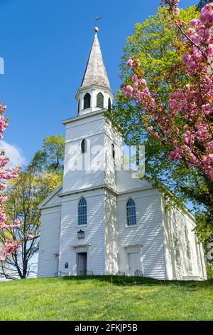 Warwick, NY-USA-1er mai 2021 : vue verticale de la vieille école baptiste maison de réunion flanquée d'arbres en fleurs situés au centre du village Banque D'Images