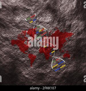 Carte du monde et brin d'ADN. Composition grungy. Rendu 3D. Banque D'Images