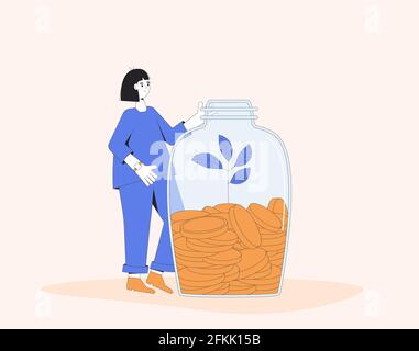 Économies. Femme avec de l'argent. Personnage féminin debout avec un pot de pièces. Jeune avec moneybox. Illustration de la ligne de couleur vectorielle. Illustration de Vecteur