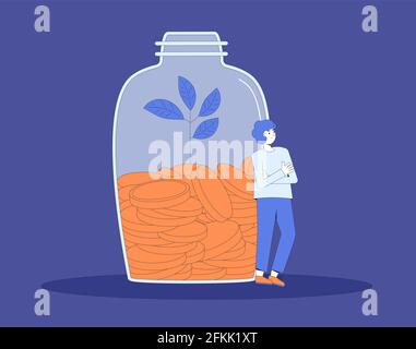 Économies. Homme avec de l'argent. Personnage masculin debout avec un pot de pièces. Jeune avec moneybox. Illustration de la ligne de couleur vectorielle. Illustration de Vecteur