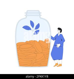 Économies. Femme avec de l'argent. Personnage féminin debout avec un pot de pièces. Personne adulte avec moneybox. Illustration de la ligne de couleur vectorielle. Illustration de Vecteur