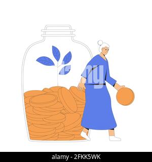 Épargne-retraite. Femme âgée avec de l'argent. Ancien personnage féminin debout avec un pot de pièces. Femme senior avec moneybox. Illustration de la ligne de couleur vectorielle Illustration de Vecteur