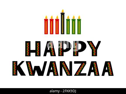 Bon Kwanzaa lettrage à la main avec bougies isolées sur blanc. Vacances afro-américaines. Modèle vectoriel pour carte de vœux, poster typographique, bannière, p Illustration de Vecteur