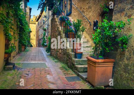 Vue pittoresque sur la rue toscane. Jolies maisons en pierre toscane et rue pavée étroite avec entrées fleuries, Pienza, Toscane, Italie, Europe Banque D'Images