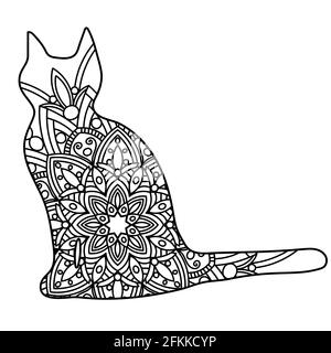 Doodle chat mandala en noir et blanc pour la page des livres de coloriage pour adultes, motif animal monochrome. Conception antistress. Illustration de Vecteur