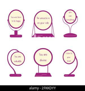 Ensemble de miroirs de table élégants forme ovale reflétant différentes expressions et messages inspirants. Illustration colorée et isolée à vecteur plat. Message pour un Illustration de Vecteur