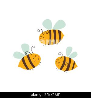 Les mignons heureux abeilles sourient en vol. Illustration vectorielle isolée et colorée à la main Illustration de Vecteur