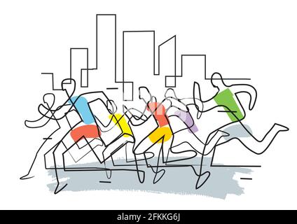 Coureurs de marathon dans une ville, jogging. Lacustration de coureurs avec dessin de ligne continue. Vecteur disponible Illustration de Vecteur