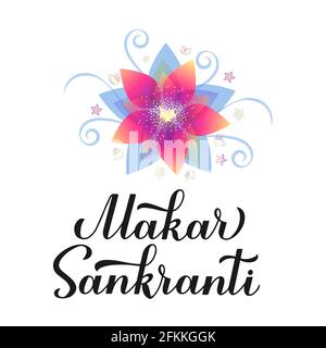 Inscription à la main de la calligraphie de Makar Sankranti. Carte de vœux indienne. Festival hindou du solstice d'hiver. Modèle vectoriel pour bannière, affiche, bâton Illustration de Vecteur