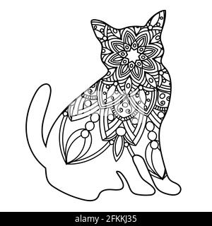 Résumé chat mandala en noir et blanc pour les livres de coloriage pour adultes, motif animal monochrome. Conception antistress. Illustration de Vecteur