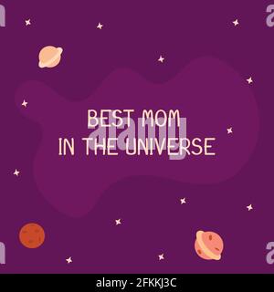 Fête des mères. Expression meilleure maman dans l'univers. Fond violet avec des planètes dans le système solaire et des étoiles. Illustration vectorielle colorée dessinée à la main. P Illustration de Vecteur
