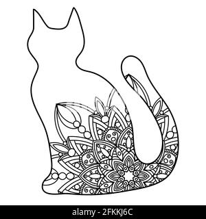 Doodle chat mandala en noir et blanc pour les livres de coloriage pour adultes, motif animal monochrome. Conception antistress. Illustration de Vecteur