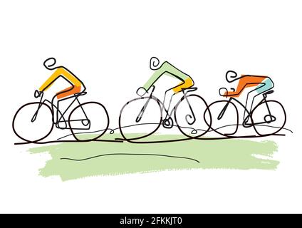 Excursion à vélo, dessin animé stylisé art de la ligne. Dessin stylisé de trois cyclistes dans un paysage abstrait. Vecteur disponible. Illustration de Vecteur