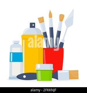 Composition des outils de peinture. Divers articles d'art. Dessin d'illustrations de matériaux créatifs pour les conceptions d'ateliers Illustration de Vecteur