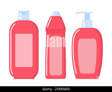 Ensemble de bouteilles à cosmétiques roses de style plat. Savon, shampooing, lotion, bouteilles roses. Illustration vectorielle Illustration de Vecteur