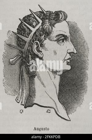 Augustus (61 BC-14 AD). Premier empereur de l'Empire romain. Il a régné de 27 av. J.-C. à 14 après J.-C.. Portrait. Gravure. Historia général de España par le Père Mariana. Madrid, 1852. Banque D'Images