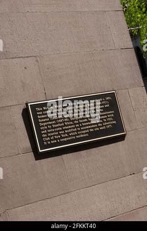 Plaque historique pour le Robb House historique sur Park Avenue, New York, États-Unis Banque D'Images