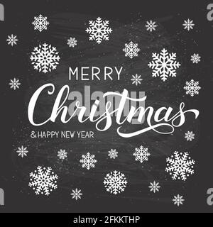 Joyeux Noël et joyeux Saint-an calligraphie à la main lettrage sur fond de tableau noir avec flocons de neige. Affiche typographique des vacances d'hiver. Temp. Vecteur Illustration de Vecteur