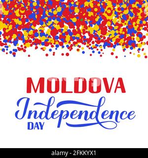 Texte du jour de l'indépendance de la Moldavie sur fond de confetti bleu, jaune et rouge. Fête nationale célébrée le 27 août. Modèle vectoriel pour typograp Illustration de Vecteur