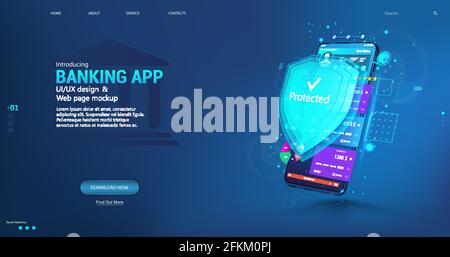 Application de banque en ligne et protection des données et protection de l'argent. Paiement par Internet grâce à la technologie NFC par carte de débit et à une sécurité de paiement de haut niveau Illustration de Vecteur