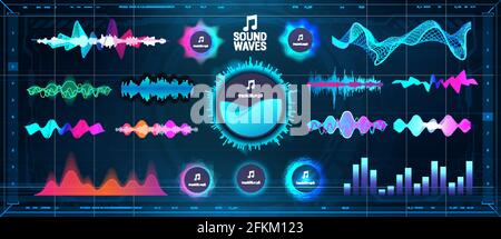 Modern Sound Waves - égaliseur. Formes d'onde futuristes, barres cireuses UI et UX, signal de graphique vocal et ondes musicales dans un style futuriste HUD. Microphone Illustration de Vecteur