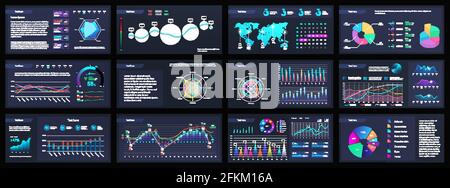 Diapositive Dark Presentation avec éléments graphiques en dégradé. Visualisation des données de rapport d'entreprise et de projet. Diapositive présentant des statistiques, des analyses de données et Illustration de Vecteur