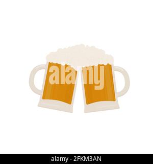 Deux tasses à bière en clinking avec mousse isolée sur blanc. Festival de la bière bavaroise traditionnelle Oktoberfest. Icône de vecteur plat. Modèle pour logo, poster Illustration de Vecteur