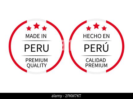 Fabriqué au Pérou étiquettes rondes en anglais et en espagnol . Icône de vecteur de repère de qualité. Idéal pour le logo, les étiquettes, les badges, les autocollants, l'emblème, prof Illustration de Vecteur